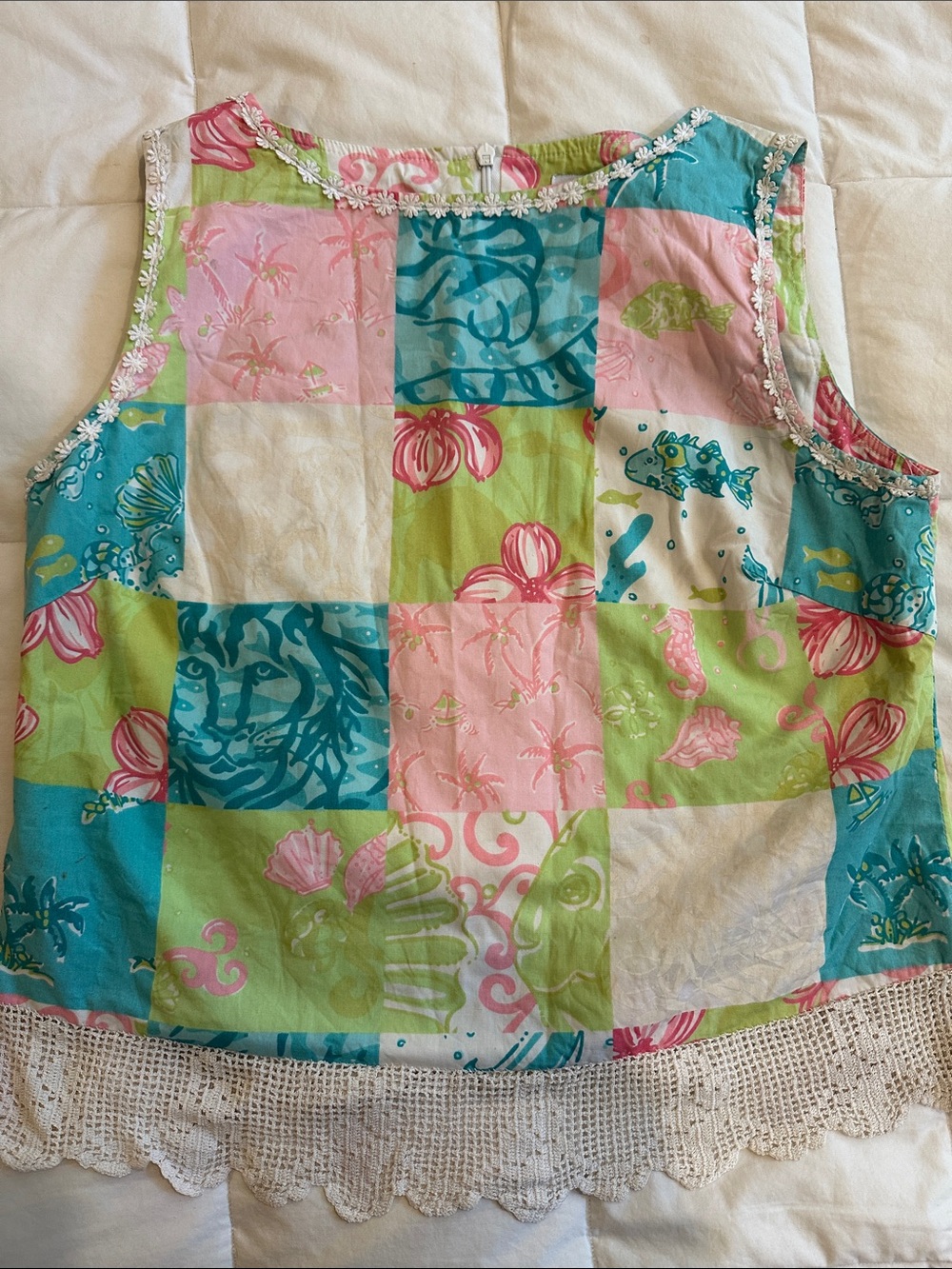 Lilly Pulitzer Patchwork Lace-Hem Crop Top - Pink, Teal & Lime.